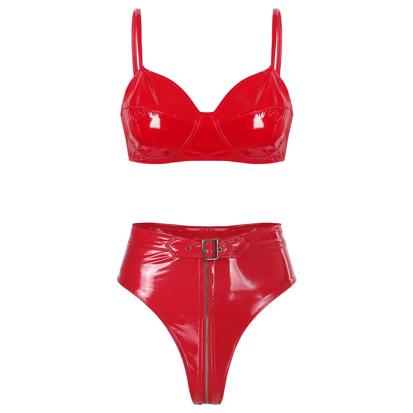 thumbnail image 1 of Ropa de discoteca de charol con aspecto mojado para mujer, lencería íntima Sexy, conjunto de ropa interior, sujetador inalámbrico, Top con bragas con cremallera frontal de corte alto, 1 of 5