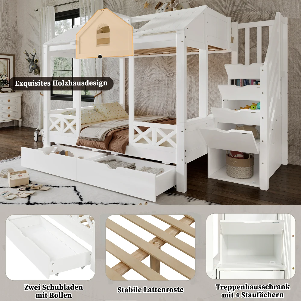 90 x 200 cm und 140 x 200 cm großes Etagenbett, zwei Schubladen mit Rollen, Bett mit Fenster und Dach, Treppenschrank mit 4 Ablagefächern – Detail 8