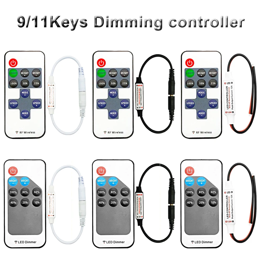 9/11Keys Mini Wireless RF Remote Controller Dimmer Adjust Brightness For 5050/3528/5730/3014 Single Color Strip Lighting DC5-24V led strip dimmer controller 12v 24v rf remote wireless 4a 4 channel multi function dim on off swith for 5050 3528 single string