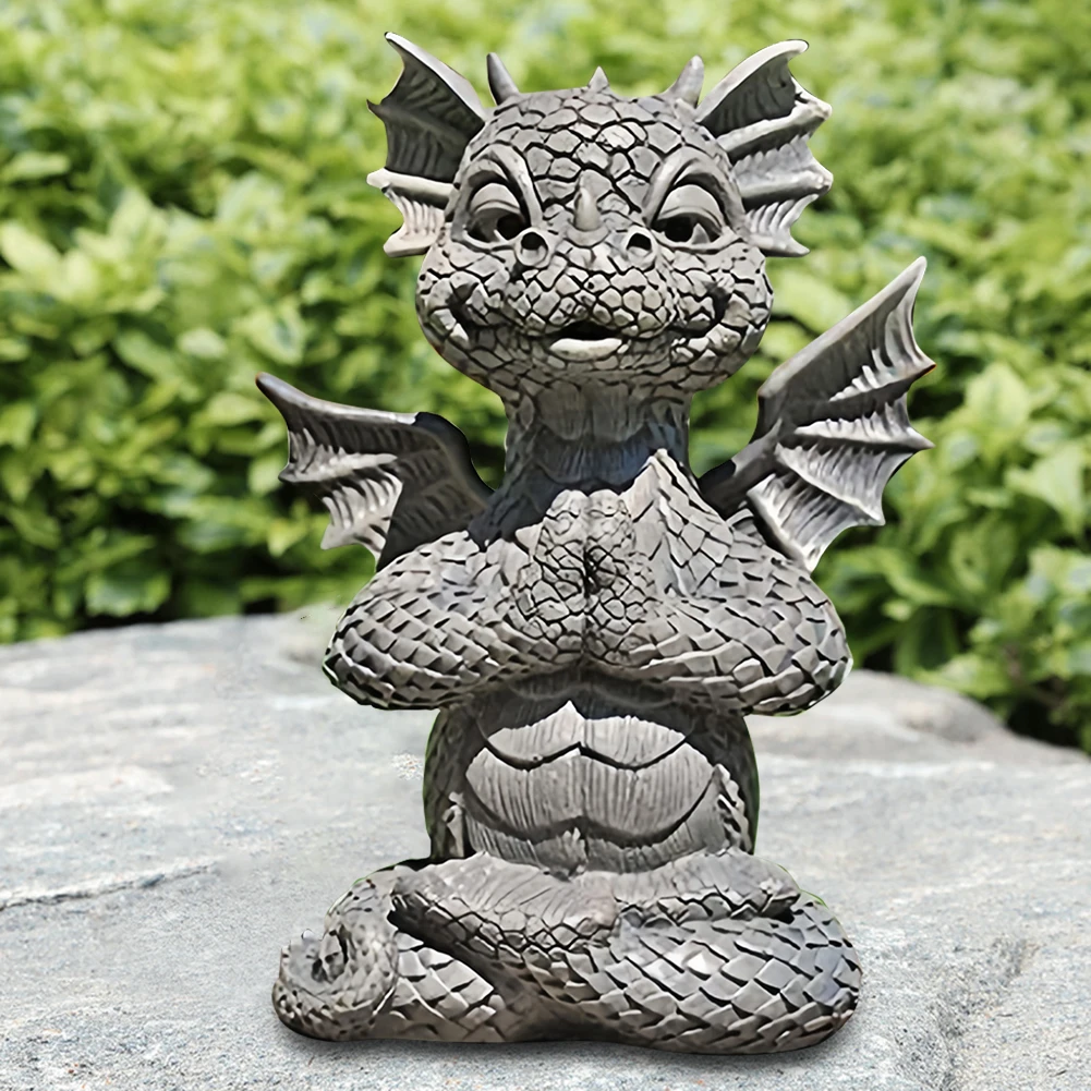 Garden Dragon Statue Happy Dinosaur Cheering You Resin Figurine Outdoor Spring Decorations Meditation Dragon Figurine with Lamp