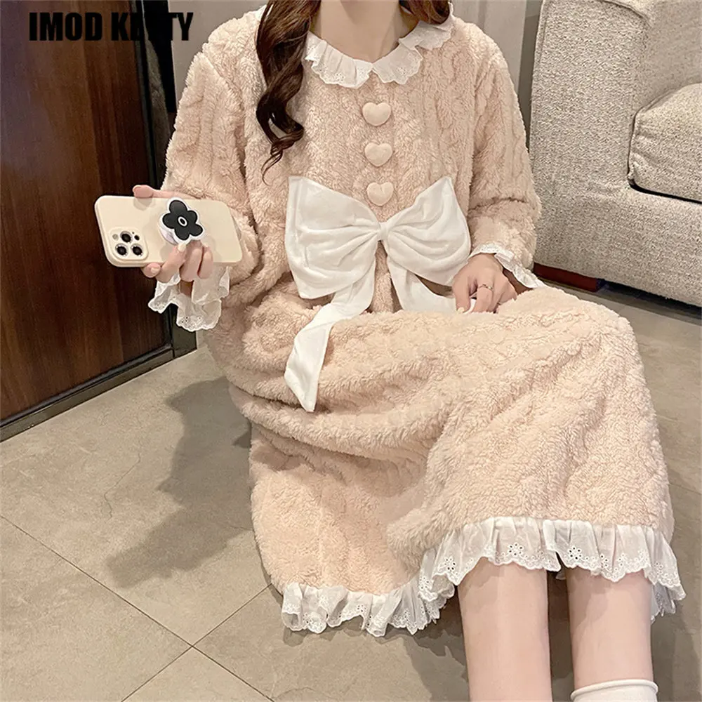 

Winter Nightgowns Women Thick Coral CasualA-line Bow pajamas Velvet Sleepwear Fuzzy Nightdress Teenagers Long homewear clothing