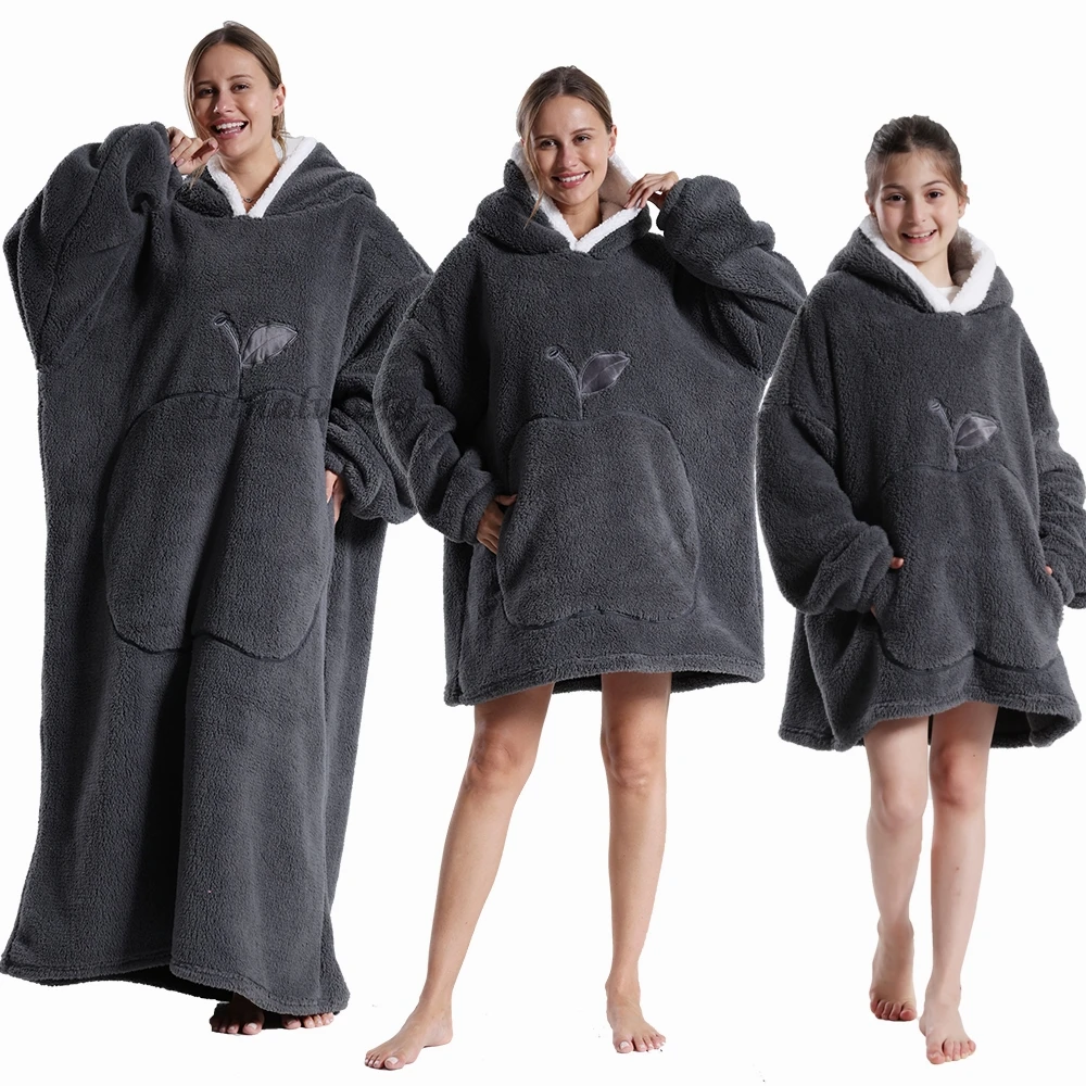 Soft Flannel Apple Emboridery Winter Warm Flannel Wearable TV Blankets Kids Bathrobe Family Matching Oversized Hoodies Sherpa