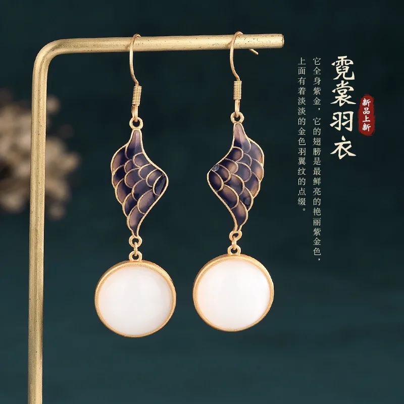 

Модные дизайнерские серьги с имитацией нефрита для женщин, серьги Hanfu в китайском стиле из серебра 925 пробы с эмалью и иглой в ретро дворцовом стиле