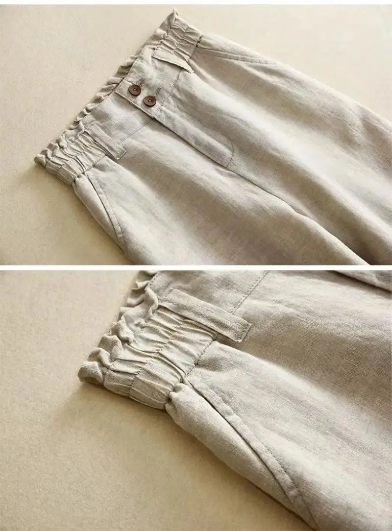 Pantalones holgados de pierna ancha para mujer, ropa básica informal de lino liso, elástica, de cintura alta, hasta el t