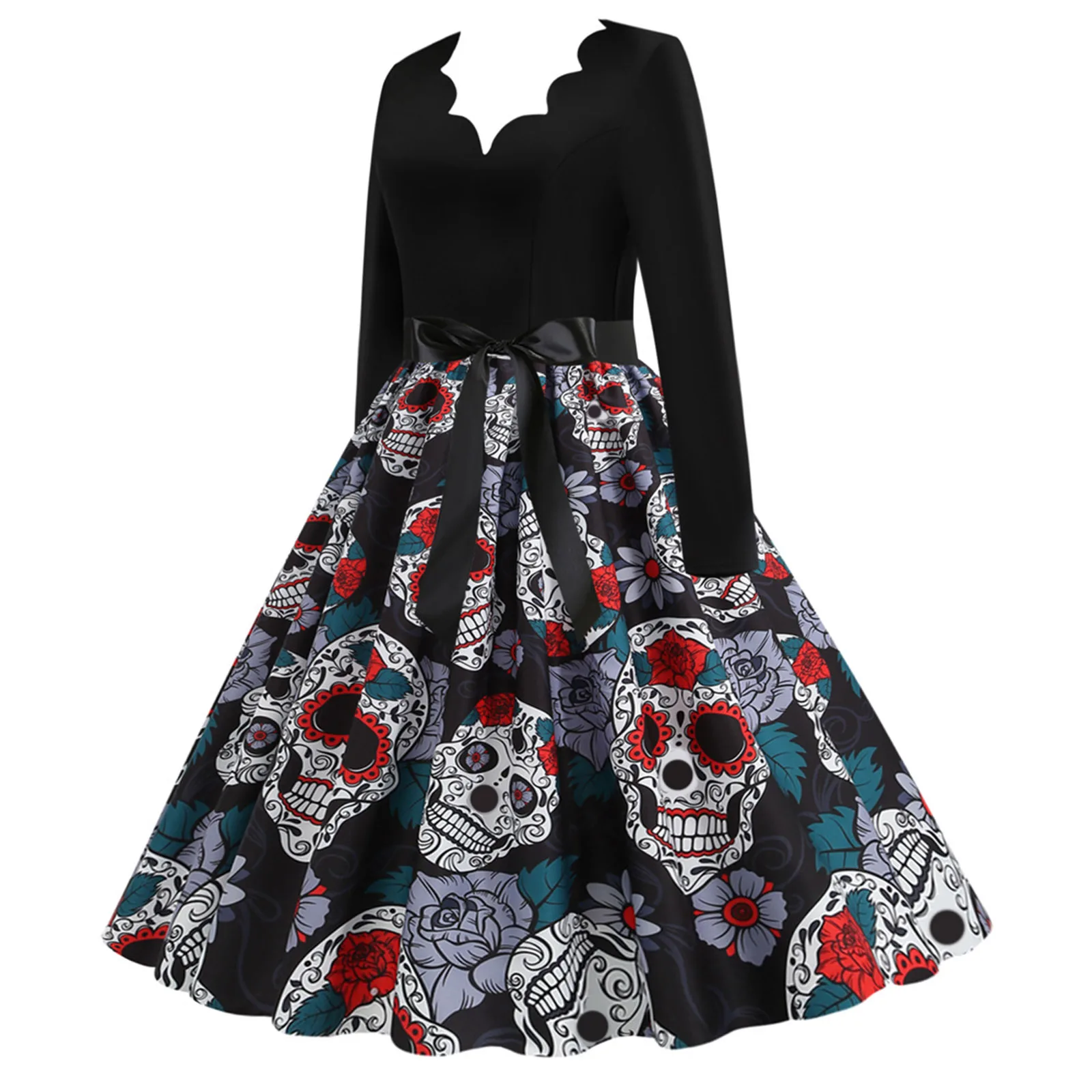 Women Halloween Party Dress Long Sleeve V Neck Bloody Rose Skull Print Black Patchwork Vintage Dress