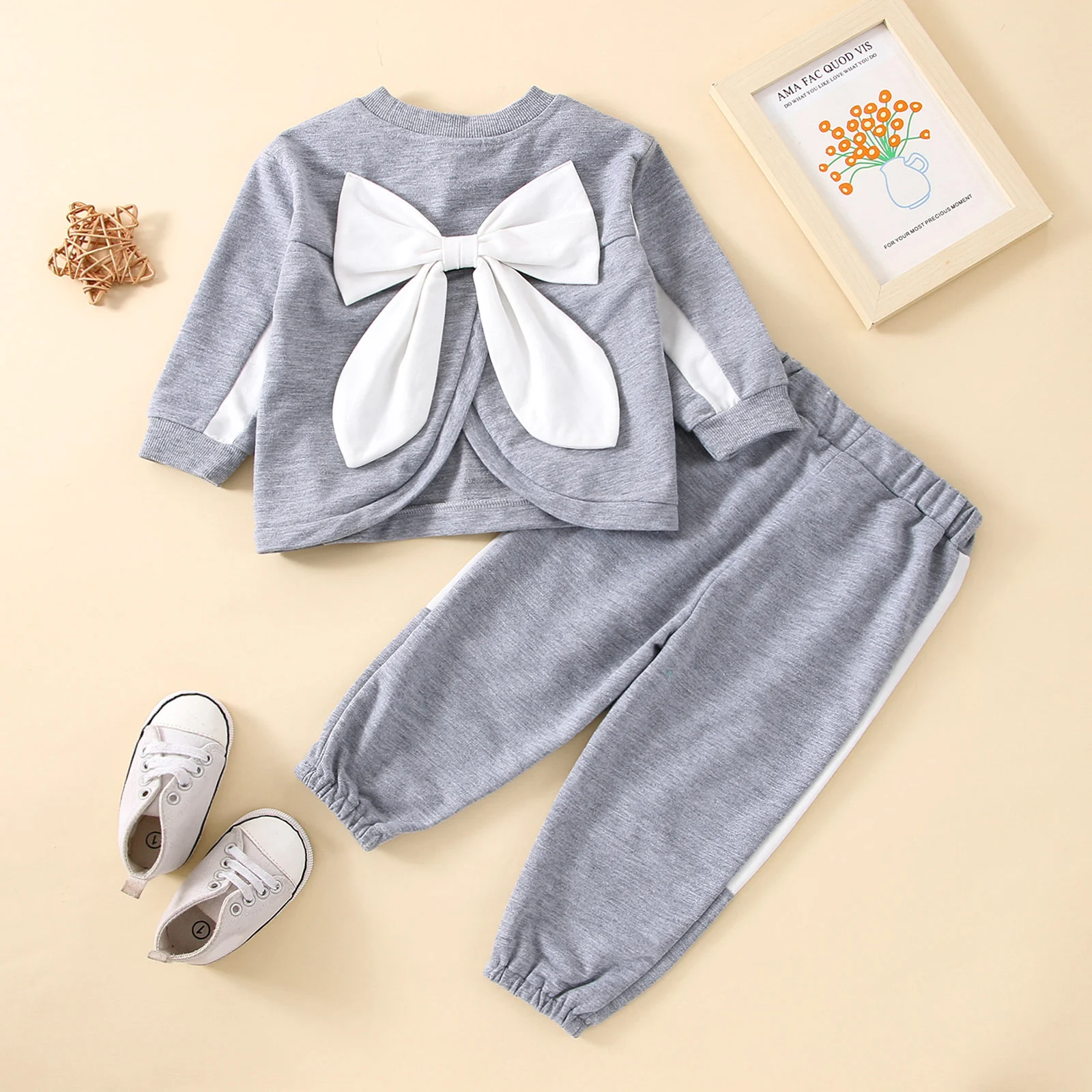 

BeQeuewll 2Pcs Autumn Baby Girls Outfit Toddlers Color Matching Back Bow Decoration Long Sleeve Round Collar Tops + Long Pants