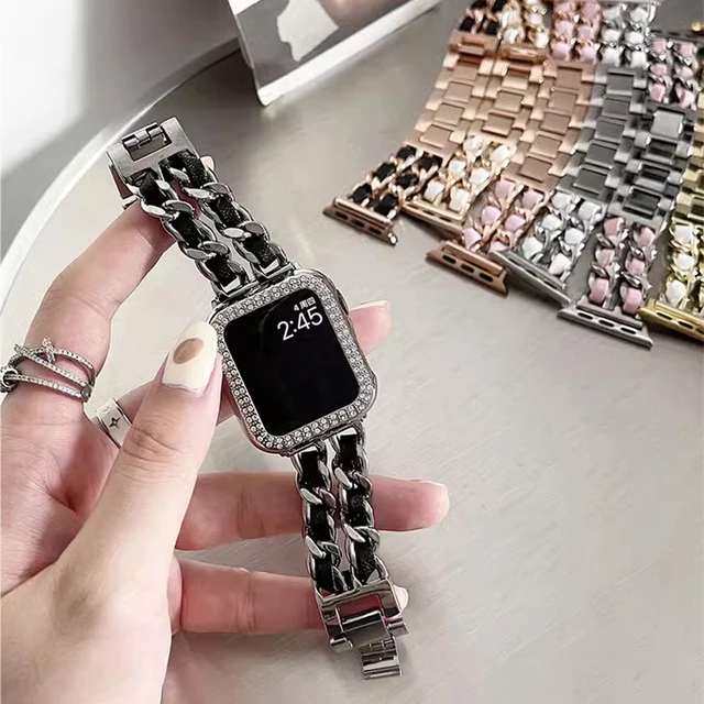 Luxury Metal Leather Strap for Apple Watch Band 40mm 41mm 38mm