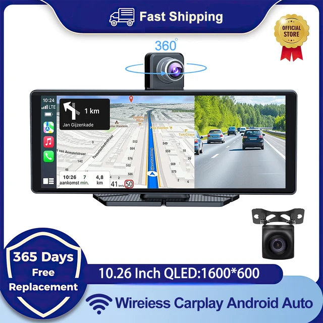 Universal 10.26" Car Intelligent 4K 360° Rotatio Car DVR Dash Cam Wireless CarPlay & Android Auto Bluetooth WIFI Rear Reversing 1