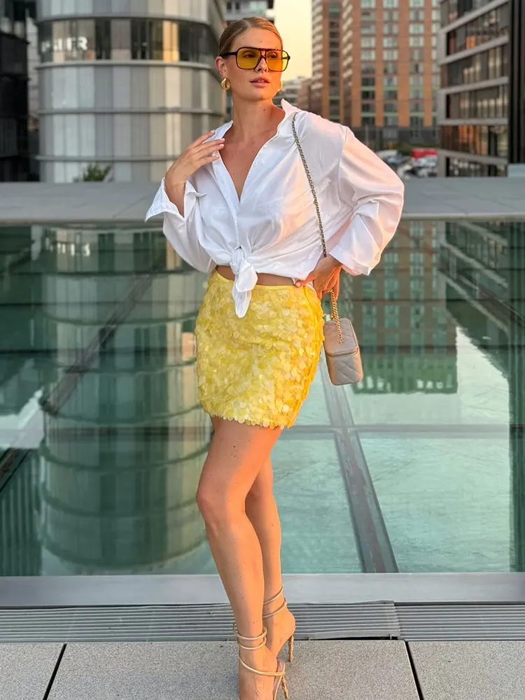 HH Women Fashion Yellow Sequin Mini Skirts Side Zipper High Waist A Line Skirt Summer Sexy Lady Elegant Club Party Skirts