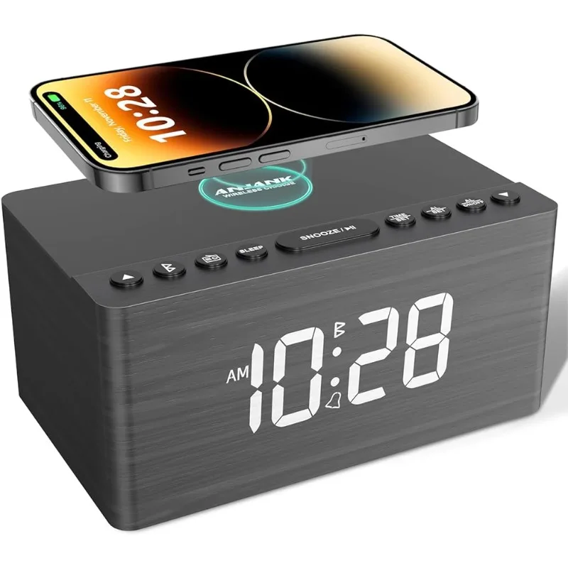 

Bluetooth Speaker Alarm Clock with Fm Radio, Wireless Charging Station for USB Charger Port, Dimmable Display, Sleep Timer