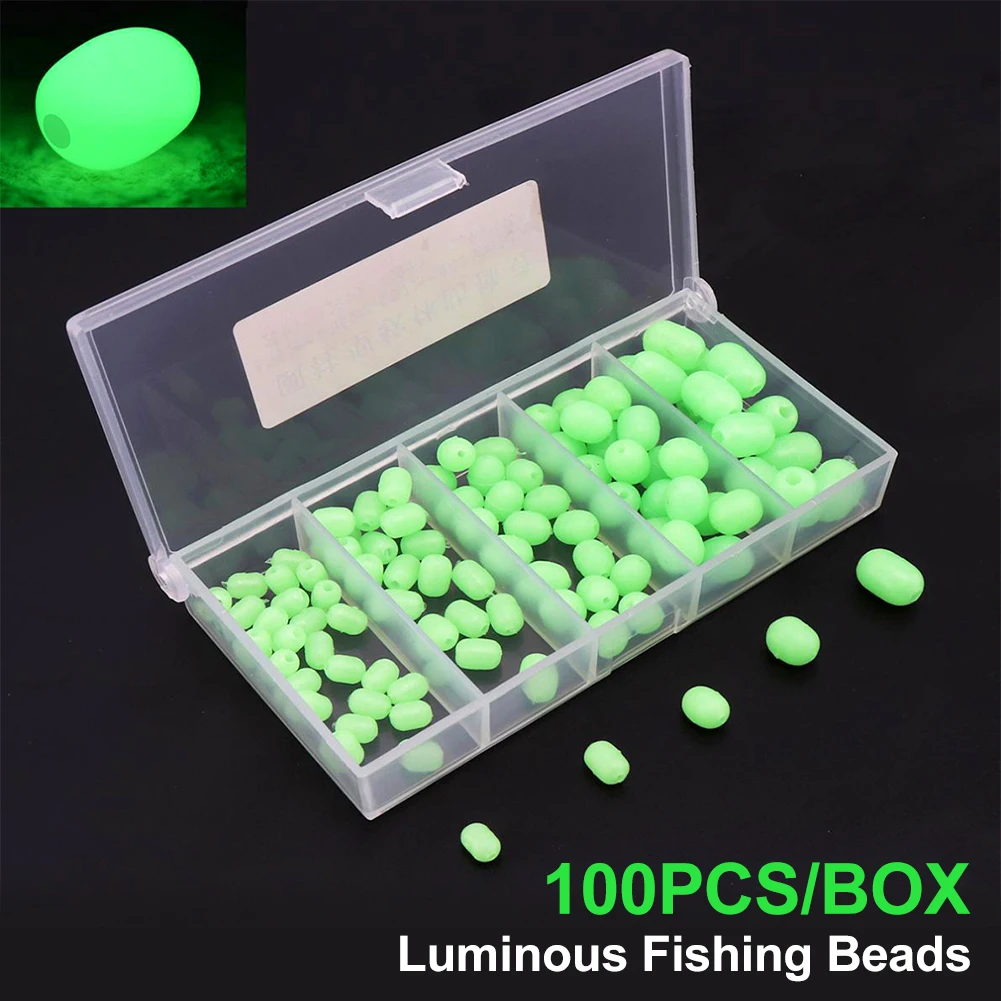 

100pcs/box Luminous Fishing Beads 5 Sizes Assorted Cylindrical Green Glow Beads Soft Rubber Beads for Sabiki Snapper Lure Rig