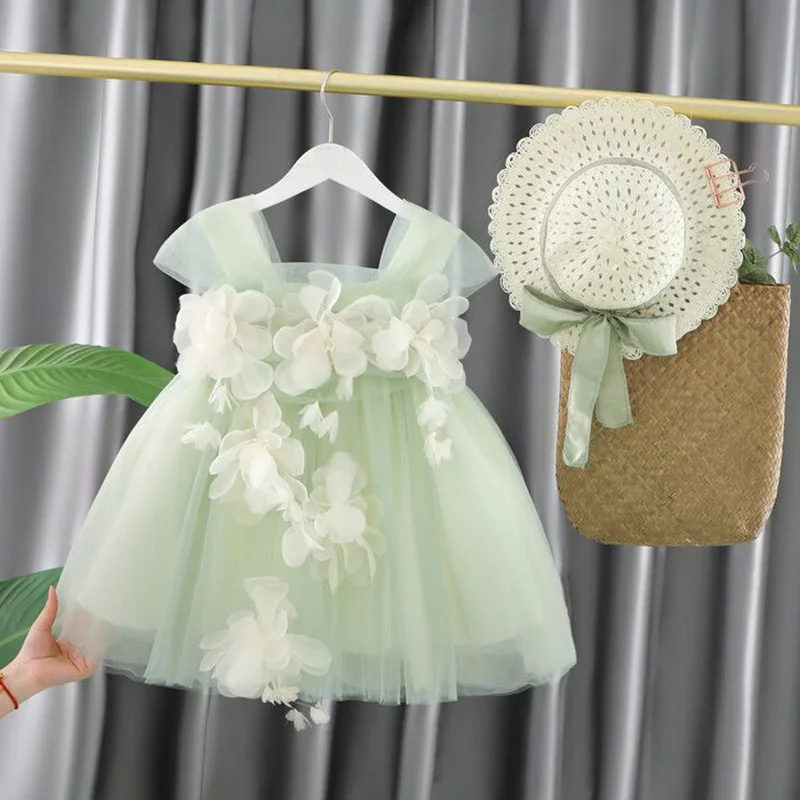 

Children's Clothing Square Collar Splicing Net Yarn Short Sleeve Girls Party Dresses Lace Floral Sweet Summer Mid-CaIf Dress