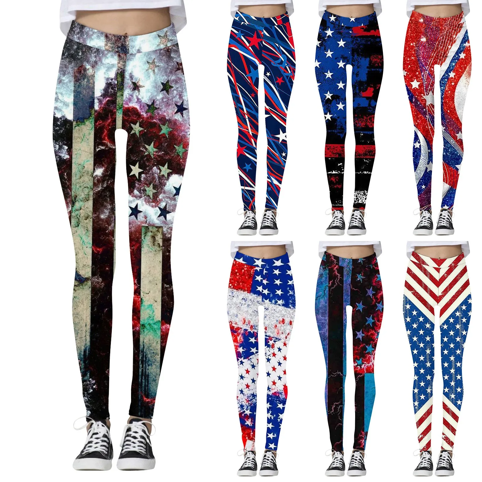 

Women's Casual Fashion Pants Outdoor Independence Day Printed Slim Stretch Yoga Pants Comfort Nine Minute Pants ropa para mujer