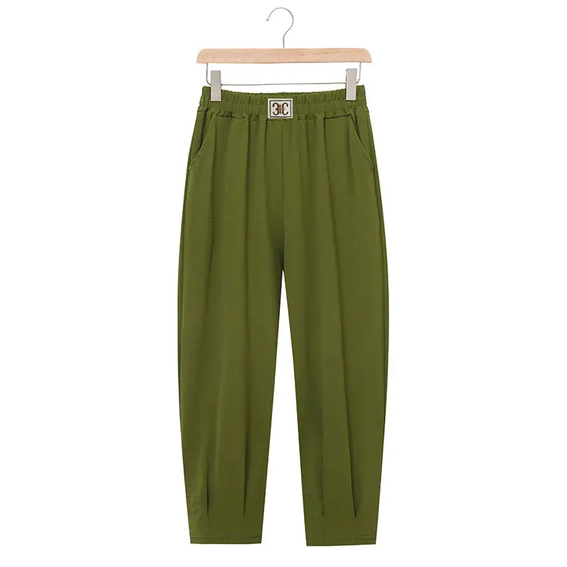 Summer New Ice Silk Thin Loose Harem Pants Solid Elastic Waist All-match Straight Casual Pants Fashion Vintage Women Clothing