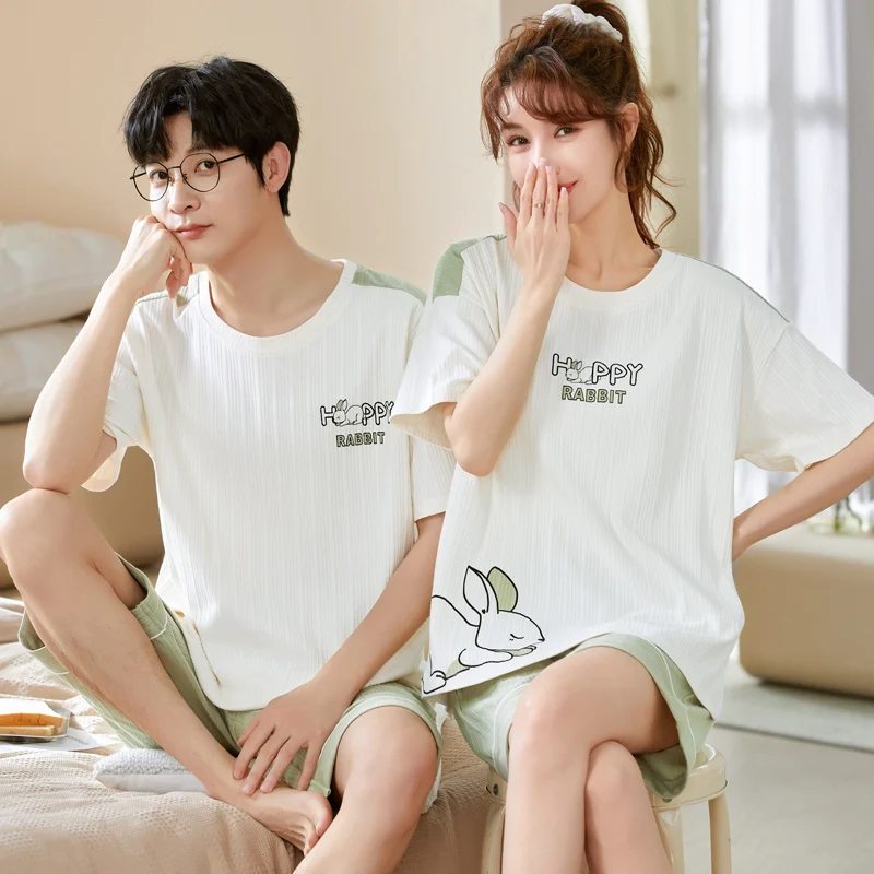 커플용 토끼 만화 귀여운 잠옷, 코튼 여성 나이트 웨어, 남성 홈 의류, 여름 반팔 슬리핑 탑스 반바지 세트