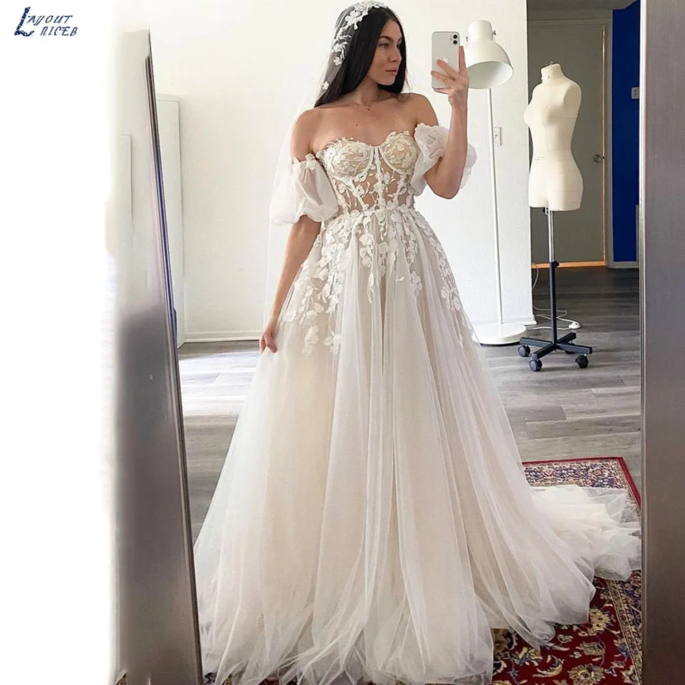 

Boho Wedding Dresses Detachable Puff Sleeves Bones Corset vestidos de novia Lace Appliques Bride Gowns свадебное платье