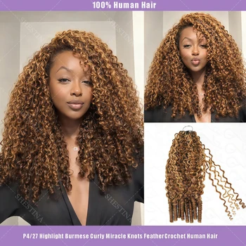 Burmese Curly Crochet Bulk Human Hair for Braids with Spiral Curly End P4/27 Blonde Highlight Miracle Knots Feather Crochet Hair 1