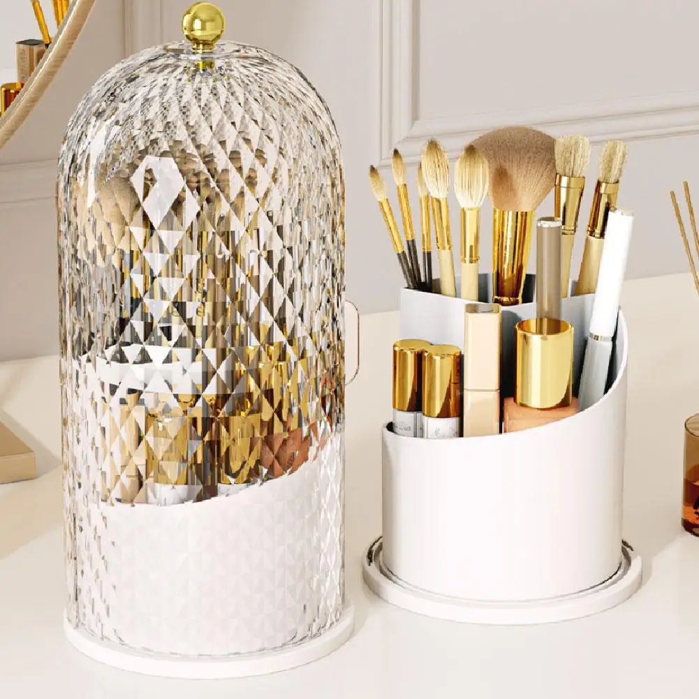 360° Rotating Makeup Brush Holder with Lid Desktop Makeup Organizer Cosmetic Storage Dustproof Brush Holder Jewelry Container 4