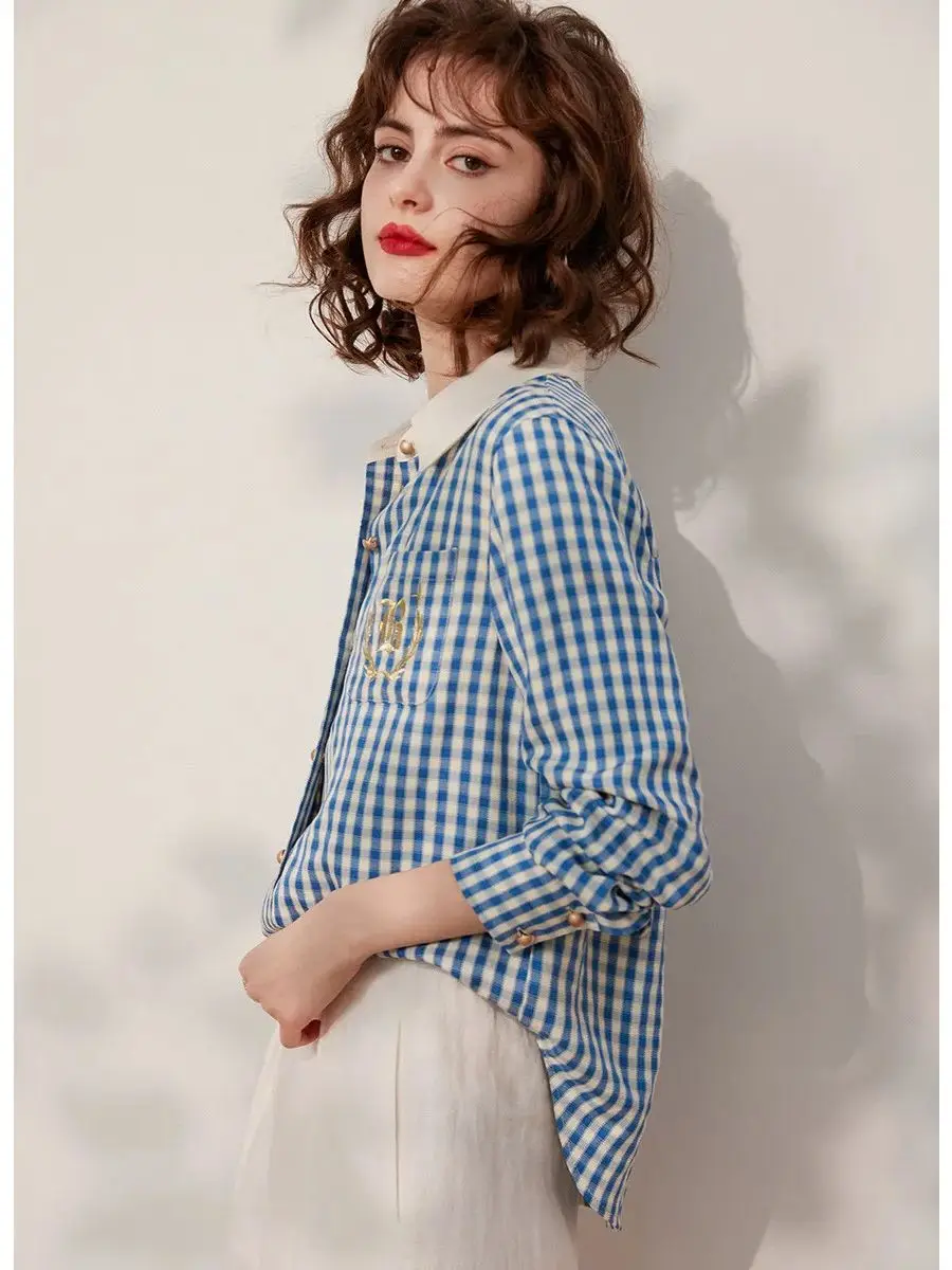 LOUIS YAO Women Plaid Shirt Turn Down Collar Long Sleeve 2024 Spring Summer Embroidery Blouse Loose Women's Top