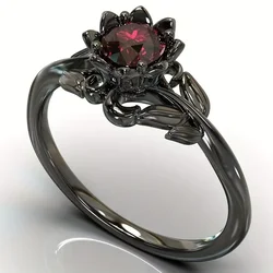 Elegant Black Flower Ring with Red Stone Accent - Women's Charming Jewelry and Party Accessory - 5 (Black)