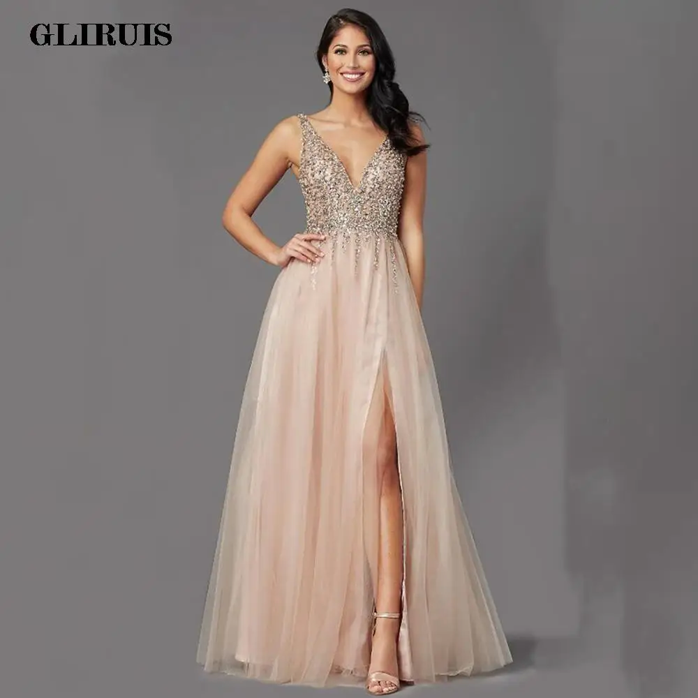 

Elegant A Line Tulle Prom Dresses With Rhinestone Sleeveless Backless V Neck For Women Evening Party Gown Vestidos De Fiesta
