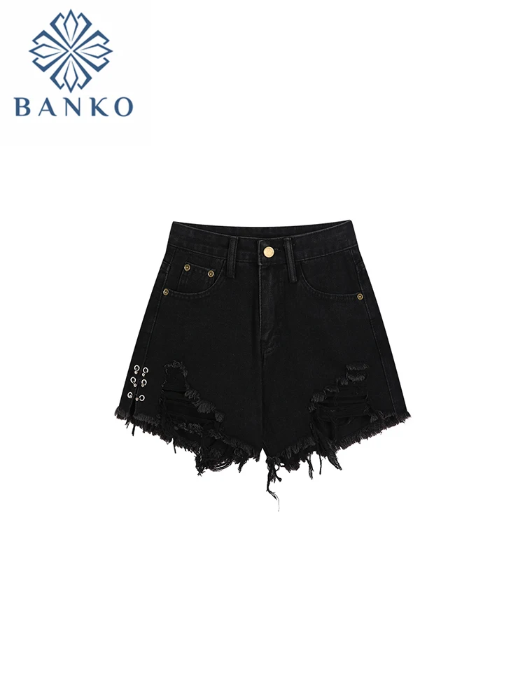 

American Style Retro Solid Color Ripped Short Denim Pants A-line High Waist Tassel Jeans 2023 New Harajuku Streetwear Clubwear