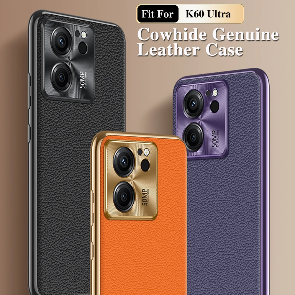 

Original Leather Case For Xiaomi Redmi K60 Ultra Plating Genuine cowhide Lichee Pattern Leather Shockproof Back Hard Phone Cover