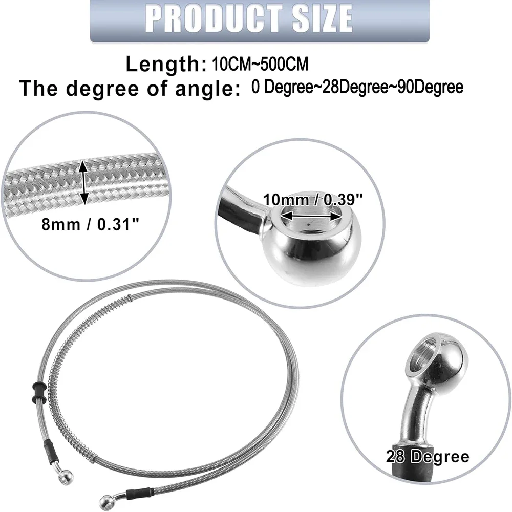 Hydraulic Brake Hose 100mm~5000mm Motorcycle Braided Steel Hydraulic Brake Clutch Oil Hose Brake Line for Bikes Motocross Street 10mm Banjo 0&deg;-28&deg;-90