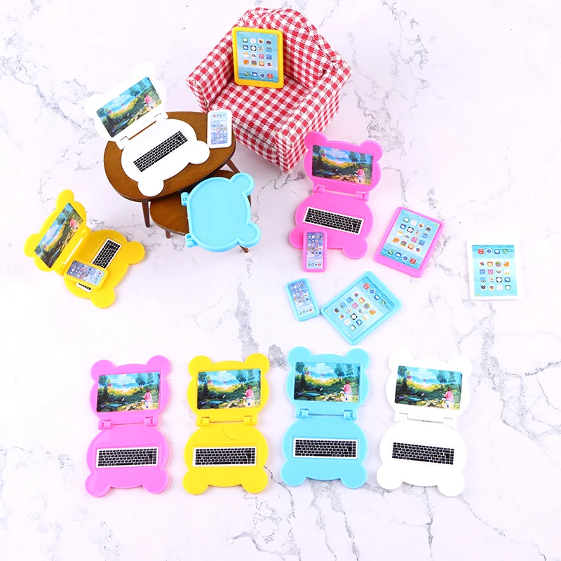 

3Pcs/Set 1:12 Dollhouse Miniature Folding Laptop Model Computer Tablet Phone Set Doll House Office Scene Home Decor Toy