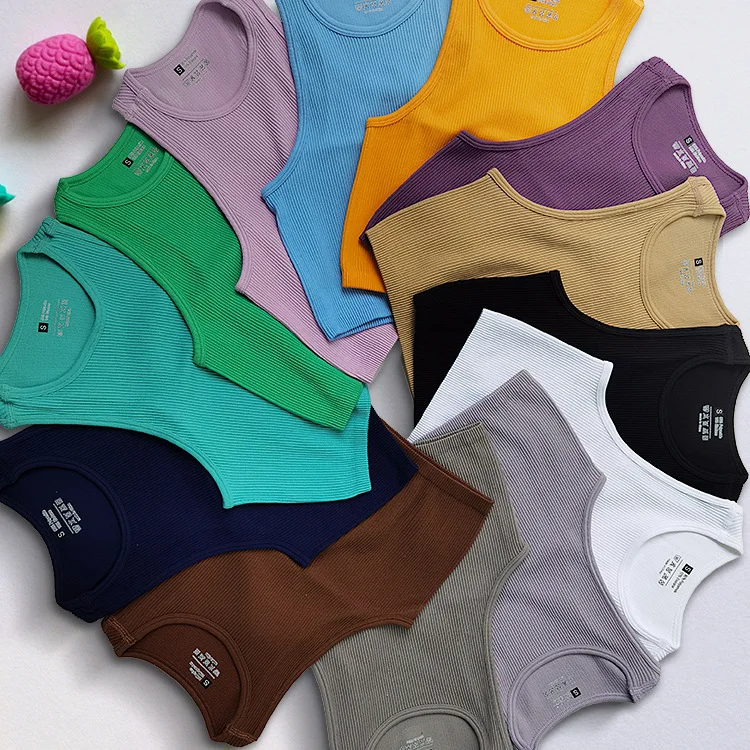 

Crop Top Women Solid Basic T-shirts Vest Seamless Streetwear Elastic Rib-Knit Sleeveless Casual Tank Tops Female