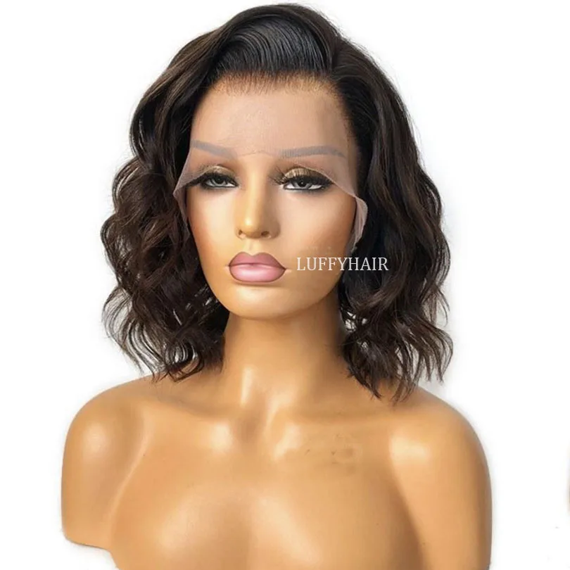 Malaysian Short Wave Full Lace Wigs with Baby Hair 14inch 180% Density Water Wave Full Lace Human Hair Wigs For Women