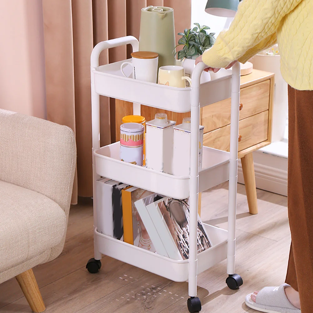 White Two Tier Multi Functional Storage Rack Kitchen Trolley Bathroom Cart With Wheels Mobile Bookshelf Utility Rolling Cart