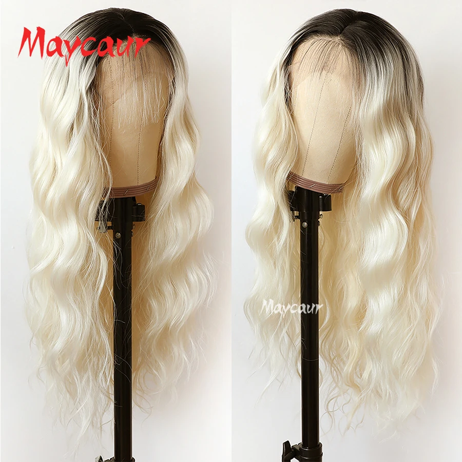 

Maycaur Two Tone Colors Long Wavy Hair Wigs With Natural Hairline Ombre Blonde Synthetic Lace Front Wig for Women