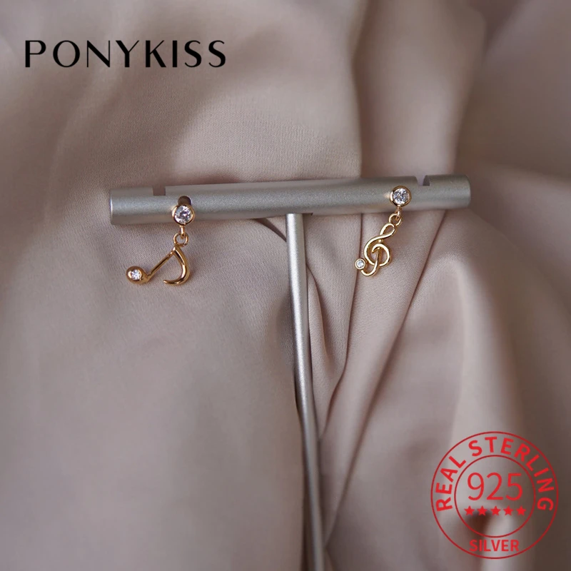 Ponykiss Trendy 925 Sterling Silver Asymmetric Music Note Zircon 14K Gold Stud Earring For Women French Fashion Fine Jewelry
