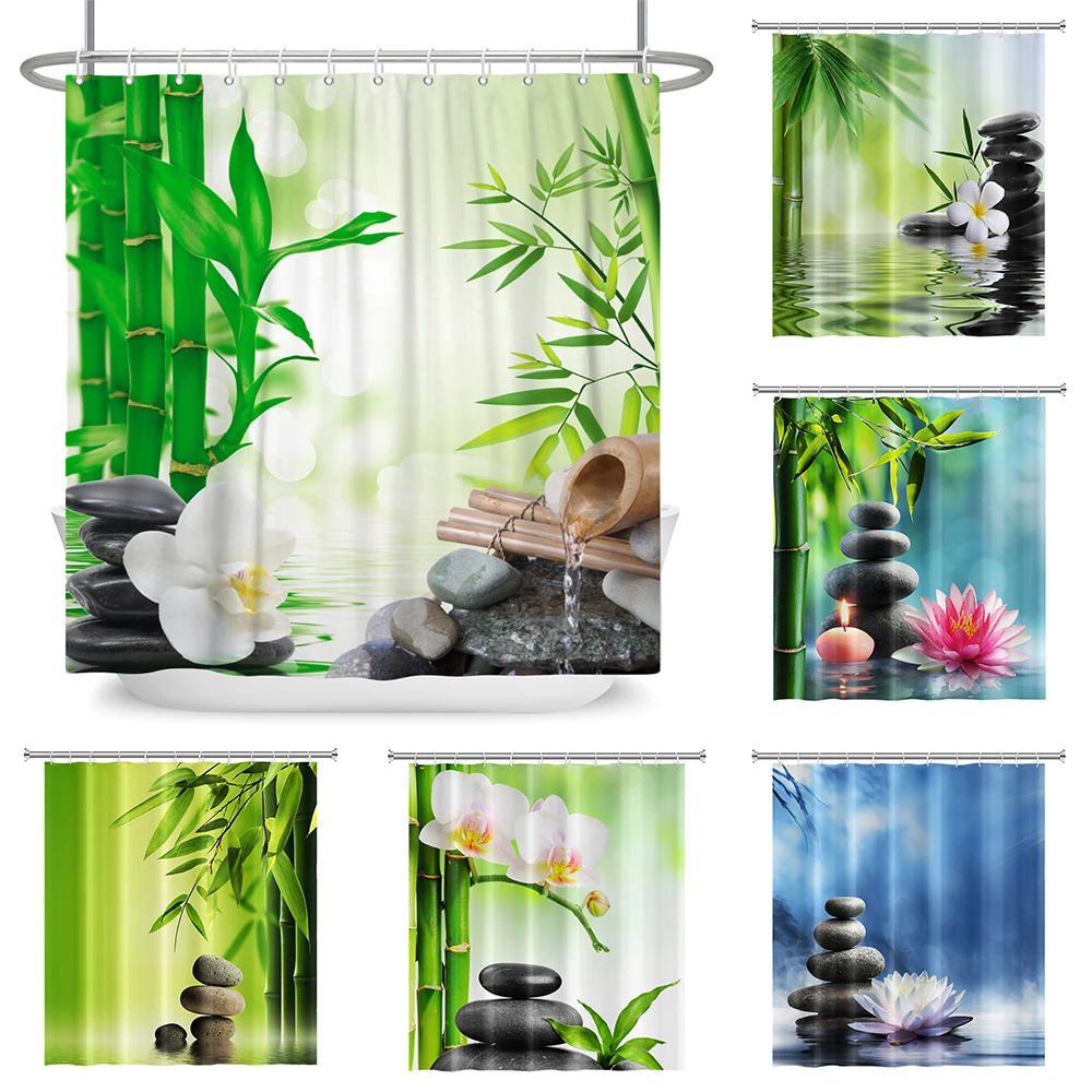 

Японская душевая занавеска для медитации Zen Spa с цветами и бамбуковыми камнями, водные свечи, домашний декор, водонепроницаемые шторы для ванной с крючками