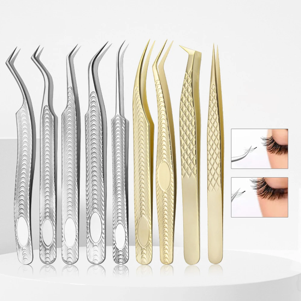 1 Pcs Eyelash Extension Tweezers With Fiber Tips Golden Stainless Steel