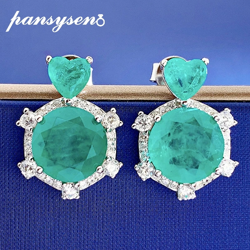Pansysen Luxury 925 Sterling Silver 8Mm Round Paraiba Tourmaline High Carbon Diamond Gemstone Ciondola Gli Orecchini Pendenti Gioielleria Raffinata