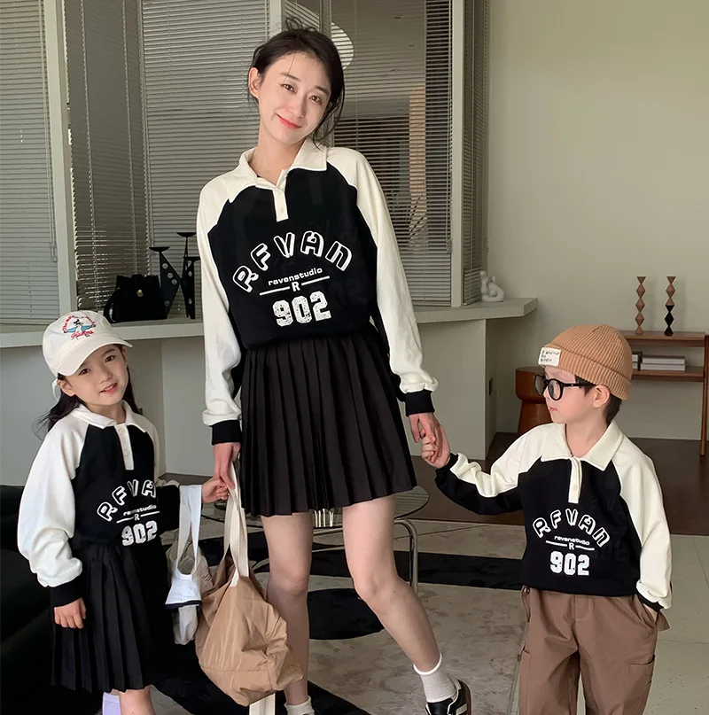 

Mother and Son Daughter Matching Long Sleeve Tops Clothes Mom Girl Boy Korea Fashion Parent and Child Autumn Polo Shirt Clothing
