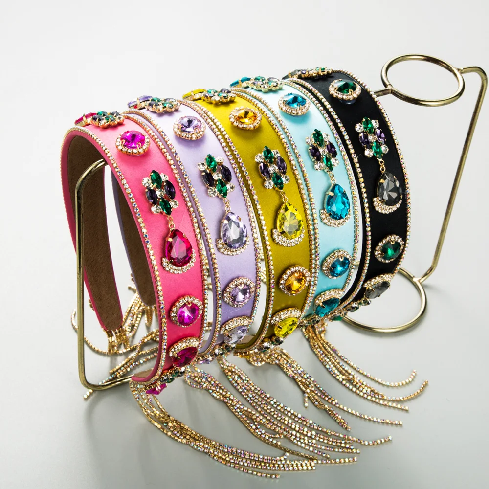 Super Flash Colorful Crystals Headband Fashion Heavy Industry Personality Diamond Hairband Extra Long Tassel Hair Accessories zorro flint gasoline lighter kerosene all metal lighter heavy armor relief dragon oil lighter super cool smoker gadgets for man