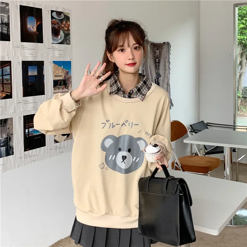 Teddy Bear Fake Two Piece Women Sweatshirts Spring Autumn Cute Cartoon Long Sleeve Lapel Pullover Preppy Style Green Sweatshirts