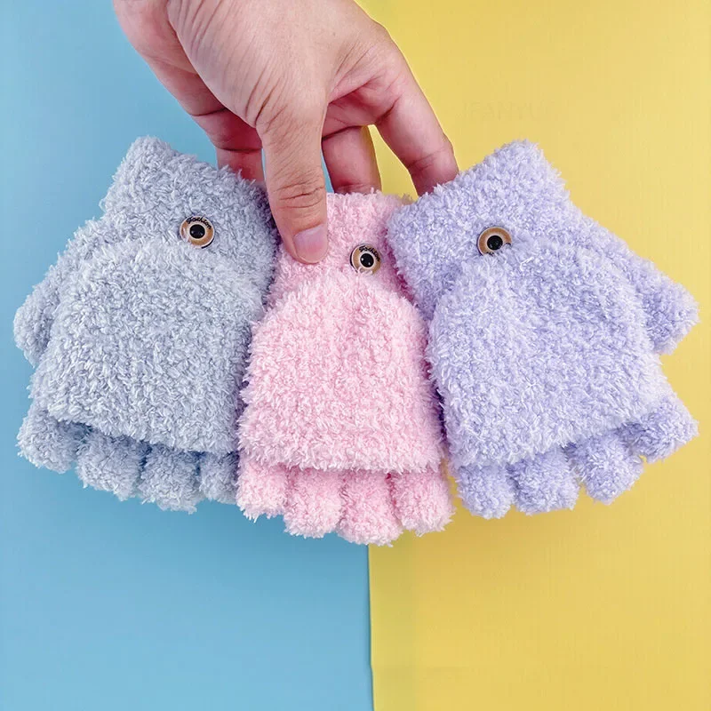 Solid Students Children Half Finger Thick Writing Gloves Coral Fleece Girls Baby Warm Riding Mittens Simple Boys Kid Flip Gloves winter gloves baby mittens