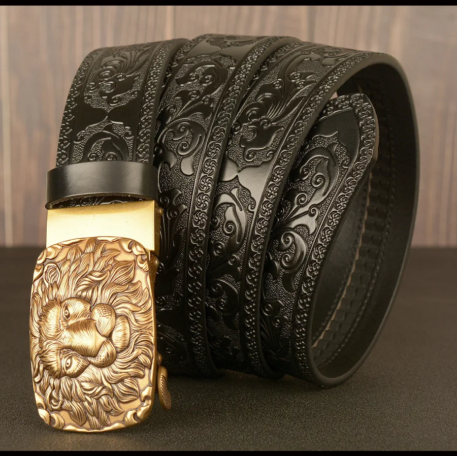 SupSindy Männer Echtes Leder Gürtel Luxus Gold Löwe Metall Automatische Schnalle Rindsleder Gürtel für Männer Jeans Bund Männlich Strap Schwarz – Detail 15
