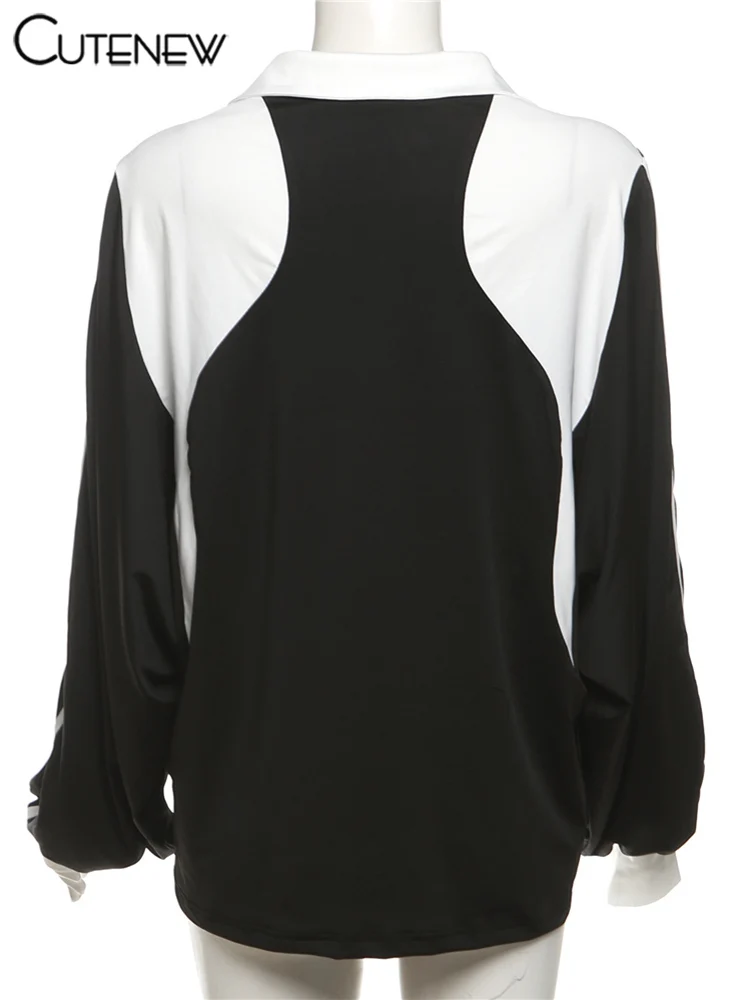 Casual Women Sweatshirts Panelled Letter Print Lapel Stripe Oversized Track Tops Female Basic Autumn New Streetwear Tees