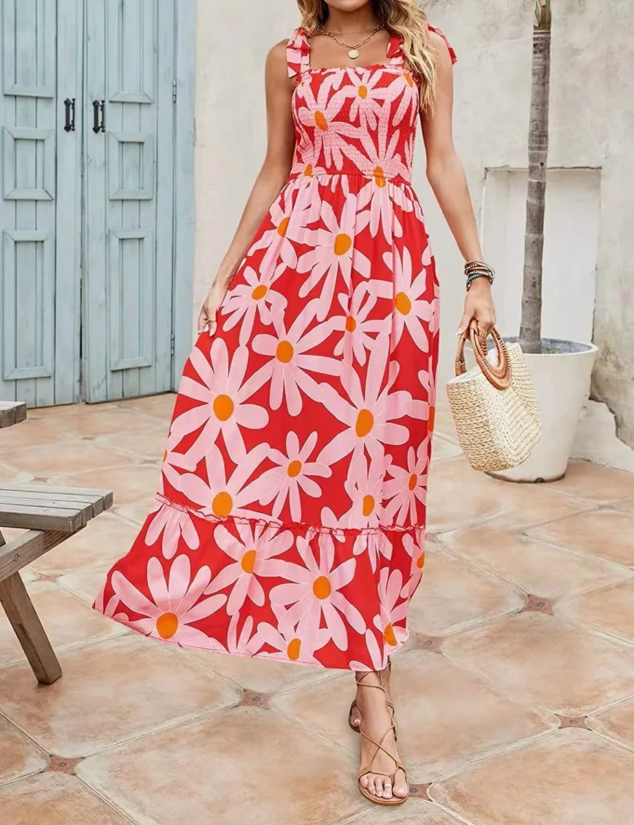 

Spring Summer Floral A Line Print Vintage Sleeveless Beach Casual pastoral style Long Dress 2023 New Fashion Women