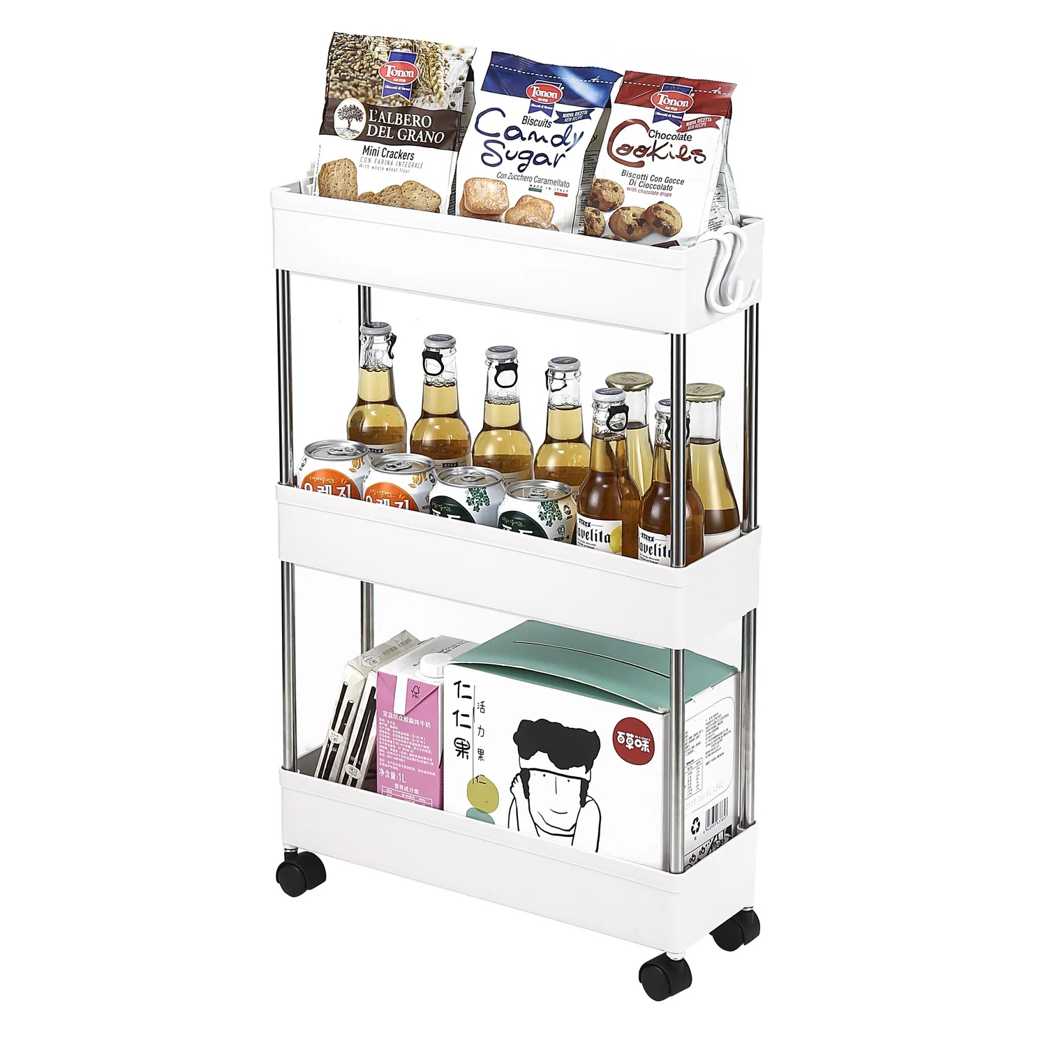 3-Layer Ultra-thin, Mobile Multi-Functional Slim Storage Cart,Suitable for Kitchen, Bathroom Narrow Place,Plastic, White