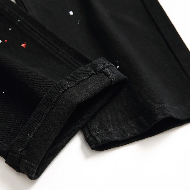 Denim Jeans Hole Design Fashion Lacquer Foot Casual Pants Stretch Regular Fit Black Long Hip Hop Men's Four Season Plus Size