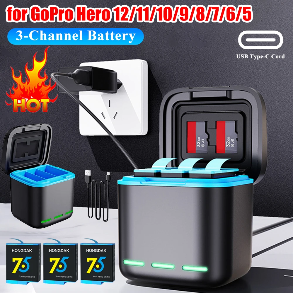 3-Channel Battery Charger with Type C Cable Battery Charger Station 2 SD Slot Charging Station for GoPro Go Pro Hero 8 7 6 5
