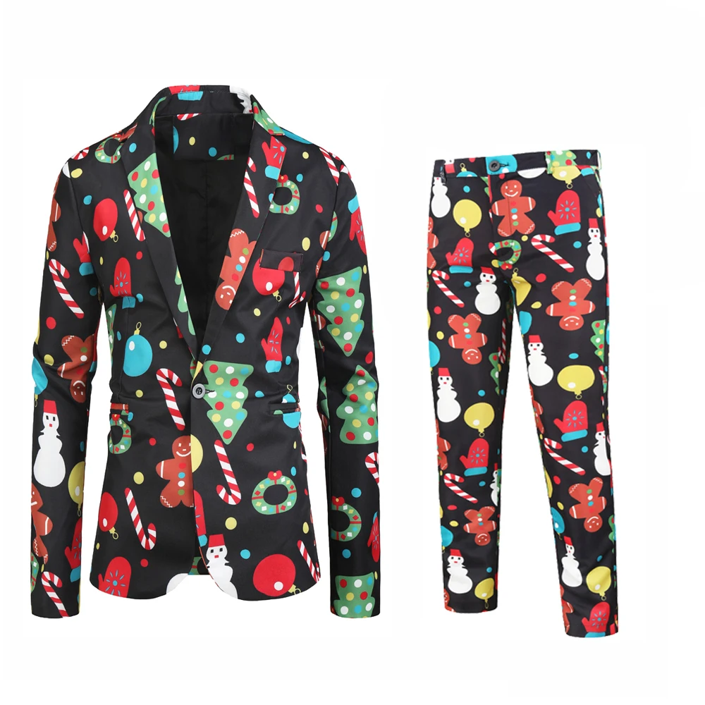 thumbnail image 1 of Traje navideño para hombre de 2 piezas, corte entallado, estampado de muñeco de nieve navideño, para fiesta, disfraz de un solo botón, ropa informal de moda para hombre, 1 of 5
