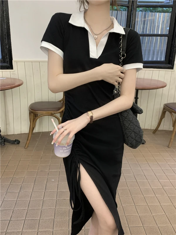 

Женское летнее платье Coigarsam 2024, офисные женские черные платья в Корейском стиле с коротким рукавом, вставками и складками