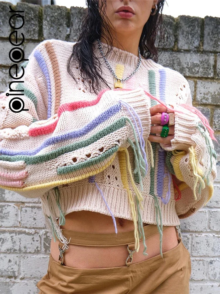 

PinePear New 2024 Fall Winter Designer Rainbow Striped Women Tassel Knitted Pullovers Sweaters Crop Tops Y2K Fashion Streetwear